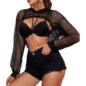 🆕Women’s Black Mesh Hoodie Crop Top Long Sleeve Fishnet Shirt Polyester